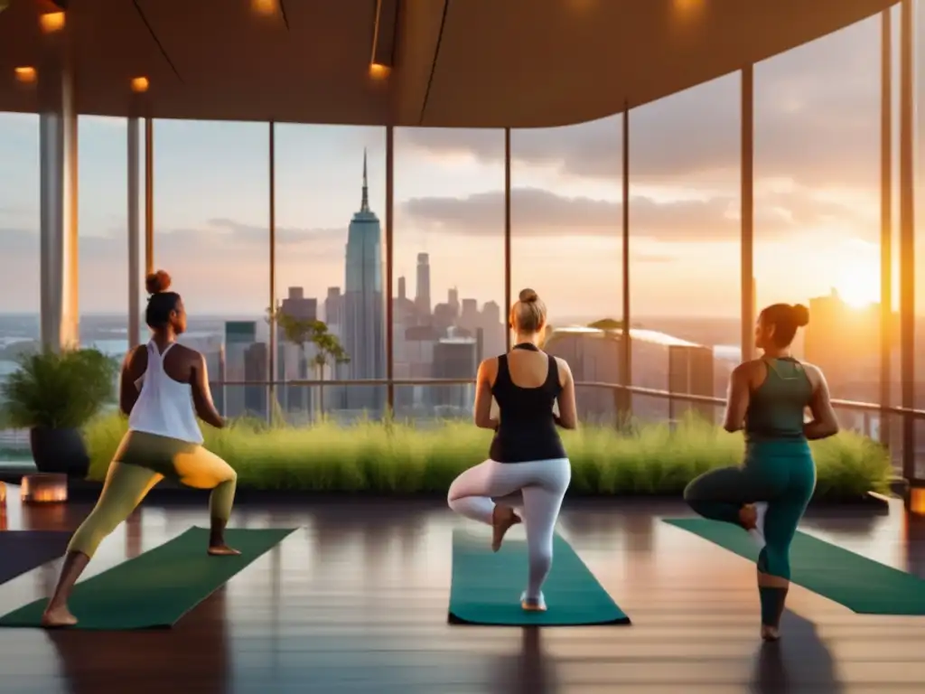 Grupo diverso participando en sesión de yoga en azotea verde con vista a la ciudad al atardecer. Creando atmósfera de bienestar y longevidad.