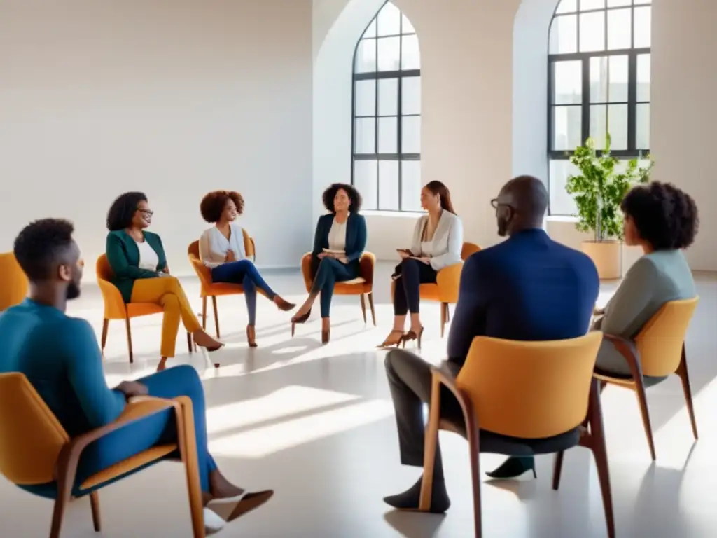 Un grupo diverso participa en una sesión de coaching para objetivos de longevidad en un espacio luminoso y moderno. El coach lidera la discusión con calidez y confianza, creando un ambiente de colaboración y empoderamiento.