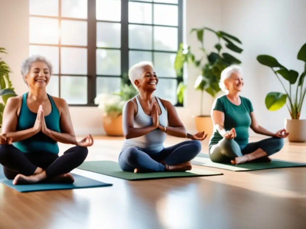 Un grupo de seniors practica mindfulness en un estudio luminoso, creando un ambiente sereno y calmado. <b>La luz solar llena la habitación, mientras las plantas verdes decoran el estudio.</b> <b>Los seniors sonríen pacíficamente.</b> <b>Mindfulness para seniors longevidad saludable.