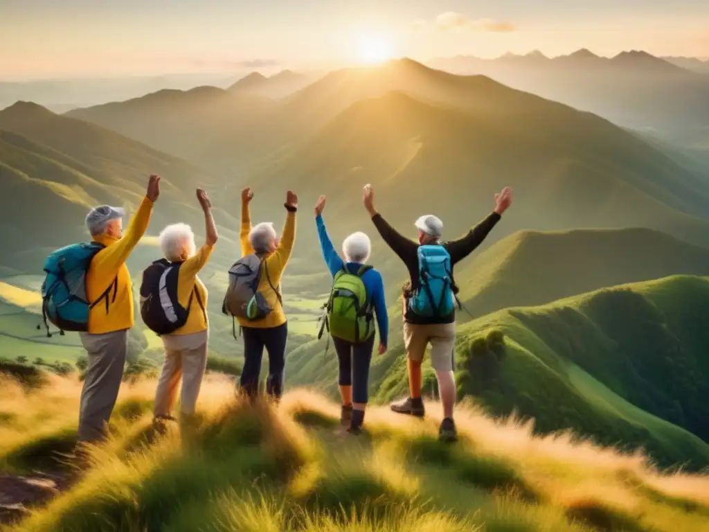 Un grupo de excursionistas mayores celebra en la cima de una montaña, disfrutando de la vista panorámica. Beneficios viajes larga vida