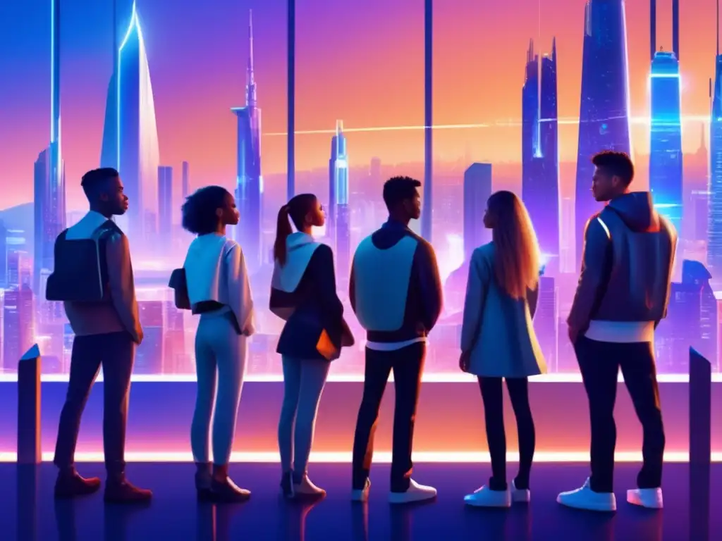 Un grupo de jóvenes en atuendos futuristas contempla la ciudad tecnológica, simbolizando la cultura de la juventud eterna.