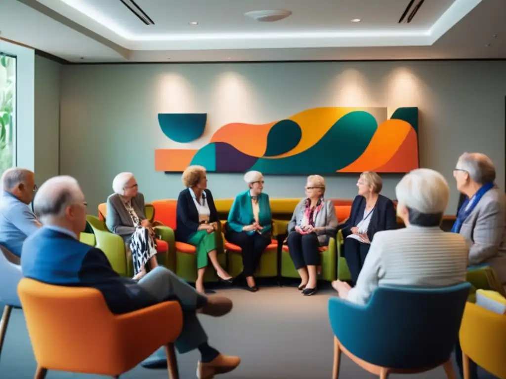 Un grupo de jubilados participa en un animado debate durante un seminario sobre oportunidades de crecimiento mental en la jubilación. <b>El ambiente es cálido y acogedor, con luz natural y arte abstracto.</b> El conferencista comparte conocimientos valiosos mientras la audiencia muestra curiosidad y enriquecimiento.