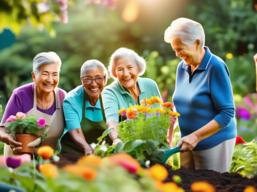 Un grupo de mayores participa en un proyecto de jardinería comunitaria, rodeados de flores vibrantes y exuberante vegetación. <b>El sol proyecta un cálido resplandor, resaltando las sonrisas en sus rostros mientras trabajan juntos, compartiendo historias y risas.</b> Los detalles de las