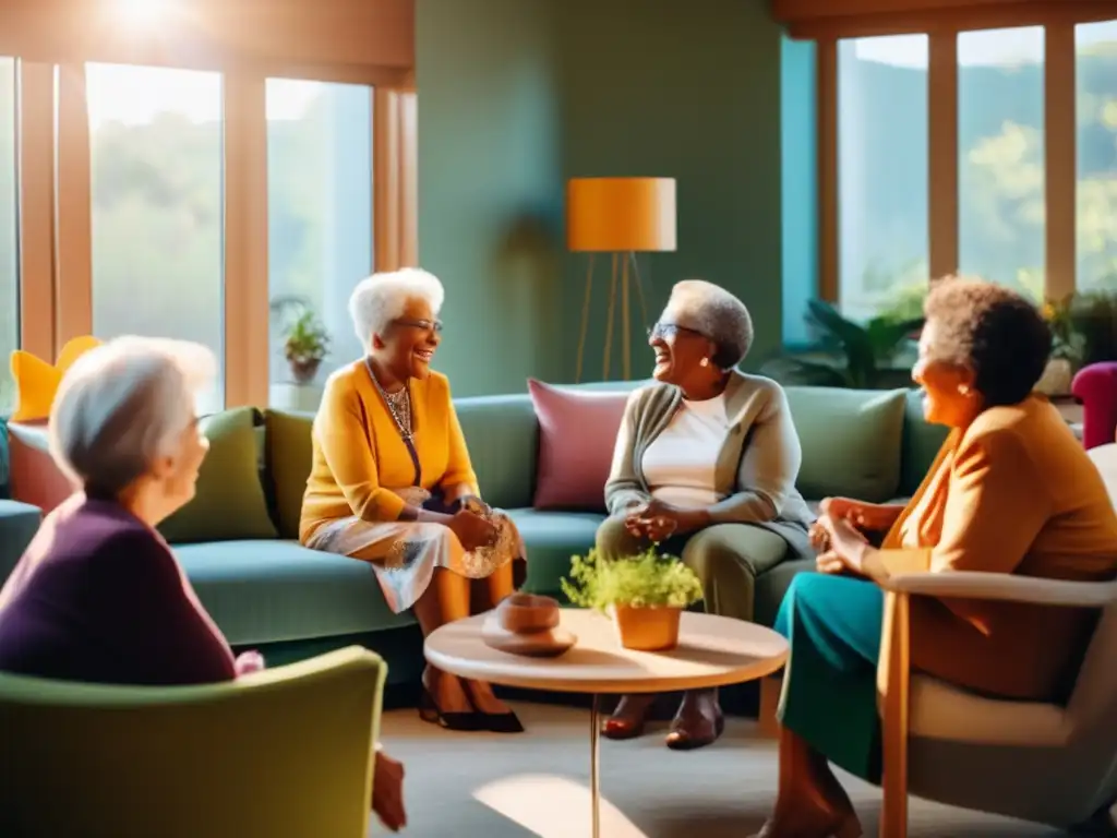 Un grupo de mujeres mayores disfrutando de una animada charla en una sala moderna y bien iluminada. <b>Sus rostros iluminados por el sol transmiten sabiduría, resiliencia y una fuerte comunidad.</b> <b>Diferencias de género en longevidad.