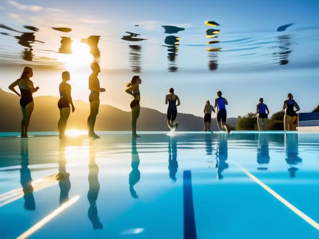 Un grupo de nadadores con los mejores rastreadores de fitness para nadadores se sumerge en una piscina cristalina, con el sol creando un resplandor dorado en la superficie del agua. Los elegantes rastreadores contrastan con el azul vibrante de la piscina, creando una imagen visualmente impactante