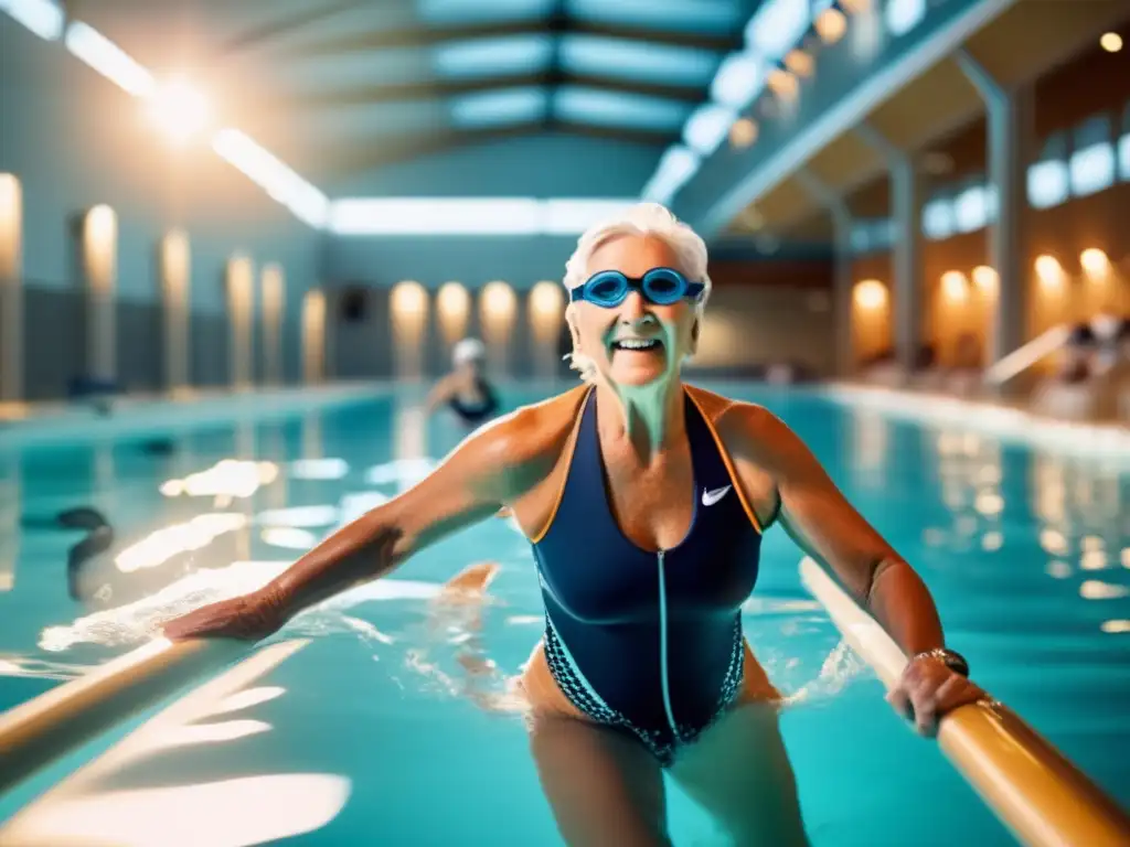 Un grupo de nadadores de la tercera edad con trajes y accesorios de natación de alta tecnología, nadando con gracia en una piscina cubierta, reflejando vitalidad y elegancia.