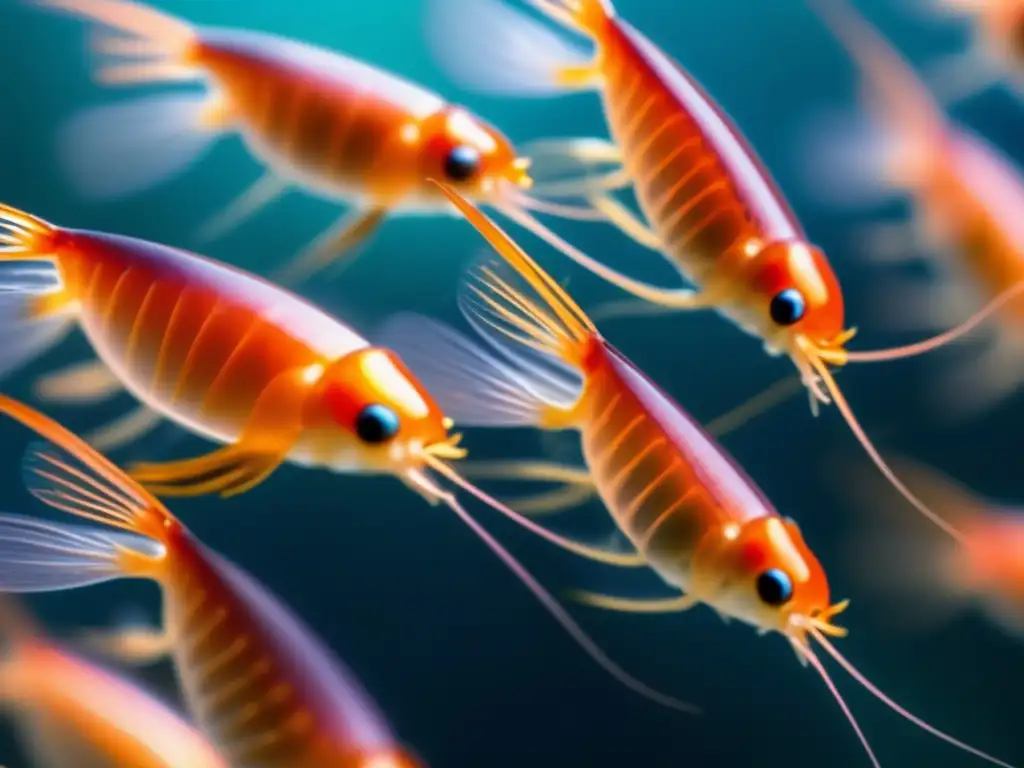 Un grupo de krill nada en el océano profundo entre flora marina, mostrando su belleza natural. <b>Beneficios del aceite de krill.