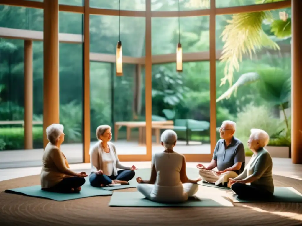 Un grupo de personas centenarias practicando mindfulness en un entorno sereno y moderno, rodeado de exuberante vegetación y luz natural suave.