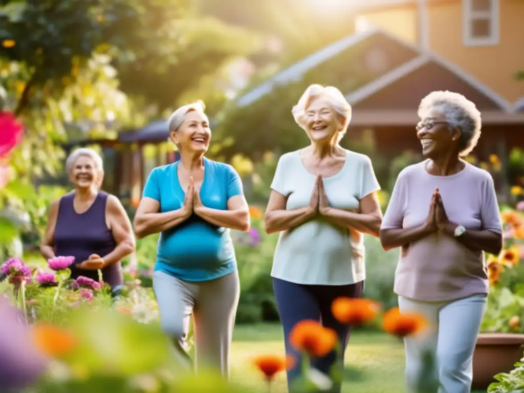 Un grupo de personas mayores disfrutando de actividades al aire libre en un jardín comunitario, irradiando vitalidad y alegría en sus años de retiro. <b>Importancia de las pensiones en la salud.