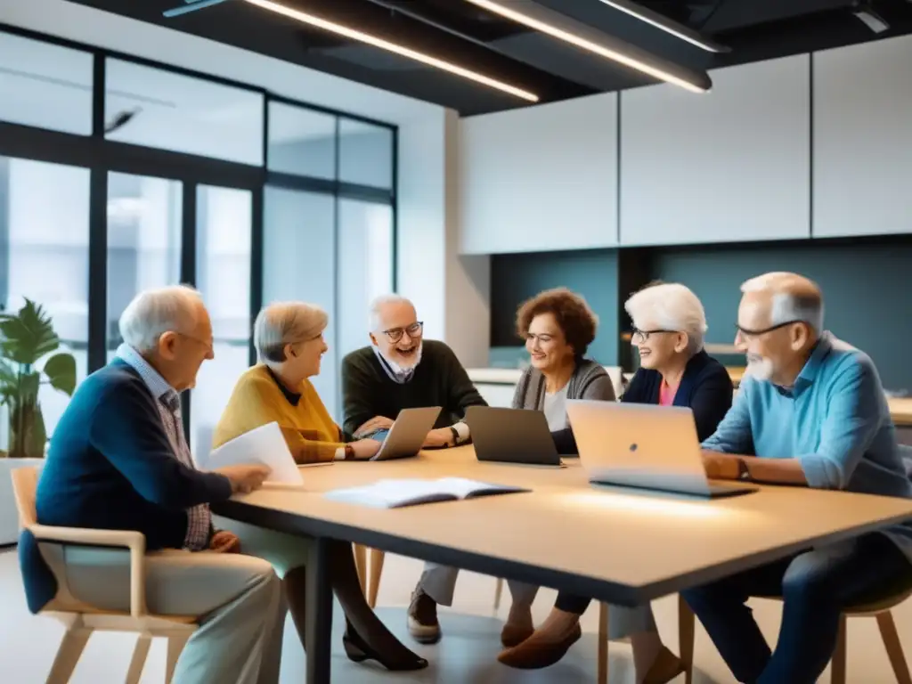 Un grupo de personas mayores participa en una animada discusión en un moderno espacio de coworking. <b>La sala está llena de tecnología de vanguardia y muebles ergonómicos, creando una atmósfera de creatividad y pensamiento innovador.</b> La energía vibrante de los mayores y el entorno moderno simbol