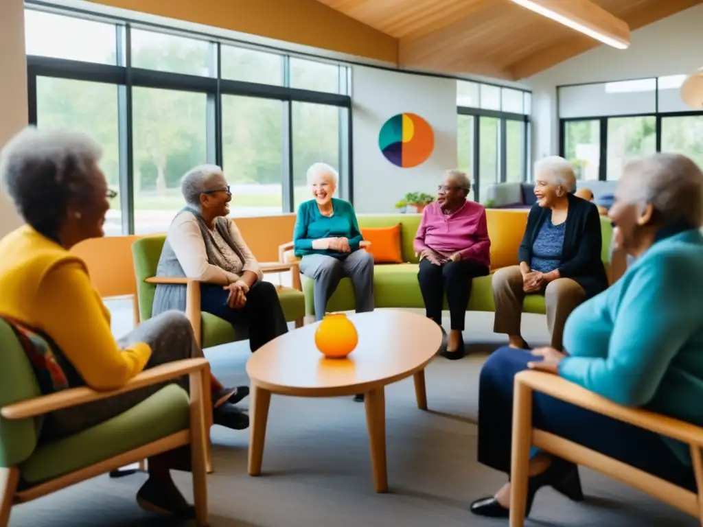 Un grupo de personas mayores disfruta de una animada charla en un moderno centro comunitario, rodeados de luz natural y un ambiente acogedor. <b>Captura la vitalidad y la sabiduría en la longevidad humana.