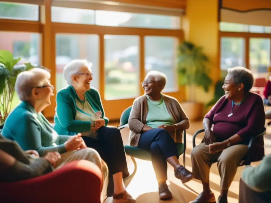 Un grupo de personas mayores disfrutando de una animada conversación en un centro comunitario acogedor y vibrante, transmitiendo una sensación de conexión y camaradería. 'Relaciones Sociales Envejecimiento Saludable'