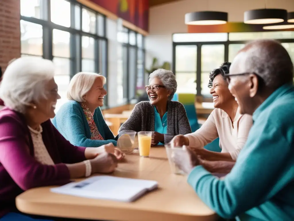 Un grupo de personas mayores disfrutando de una animada conversación en un centro comunitario moderno y luminoso, con arte vibrante en las paredes y grandes ventanales que dejan entrar la luz natural. El diverso grupo está reunido alrededor de una mesa, gesticulando animadamente mientras comparten historias y risas,