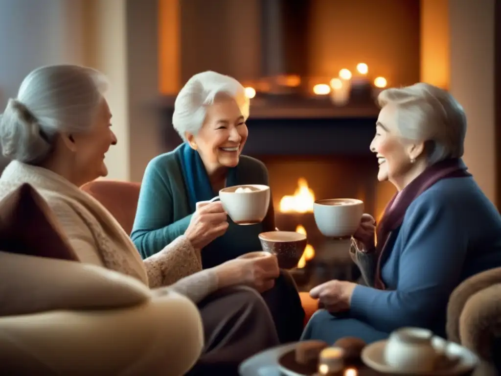 Un grupo de personas mayores disfruta de una animada charla mientras saborean una taza de chocolate caliente. <b>La cálida luz del fuego crea un ambiente reconfortante en la acogedora sala.</b> Las tazas elegantes y el vapor añaden un toque de elegancia, mientras que los colores vibrantes y la exuberante