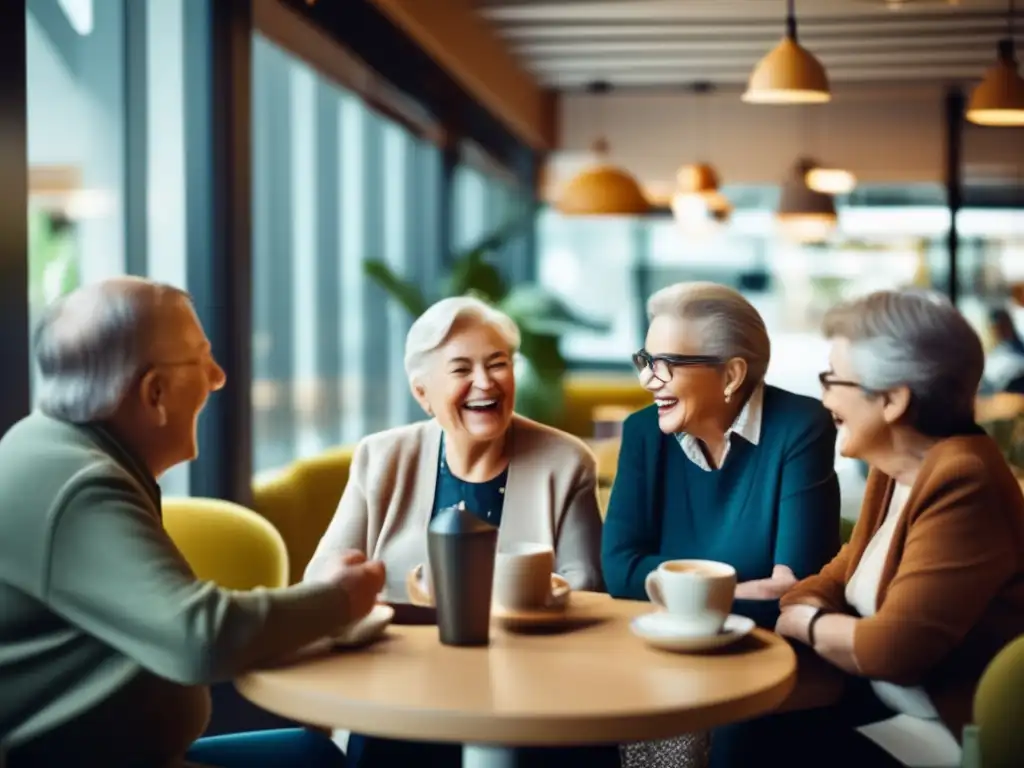 Un grupo de personas mayores disfrutando de una animada conversación en un moderno café lleno de luz natural. <b>Captura la esencia de la conexión y la vitalidad, perfecto para la publicidad enfocada consumidor sénior.