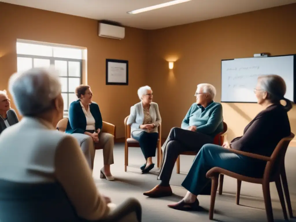 Un grupo de personas mayores participa en una animada discusión con un coach profesional, creando un ambiente de confianza y apoyo. La imagen refleja la esencia del coaching para transiciones vitales en la tercera edad.