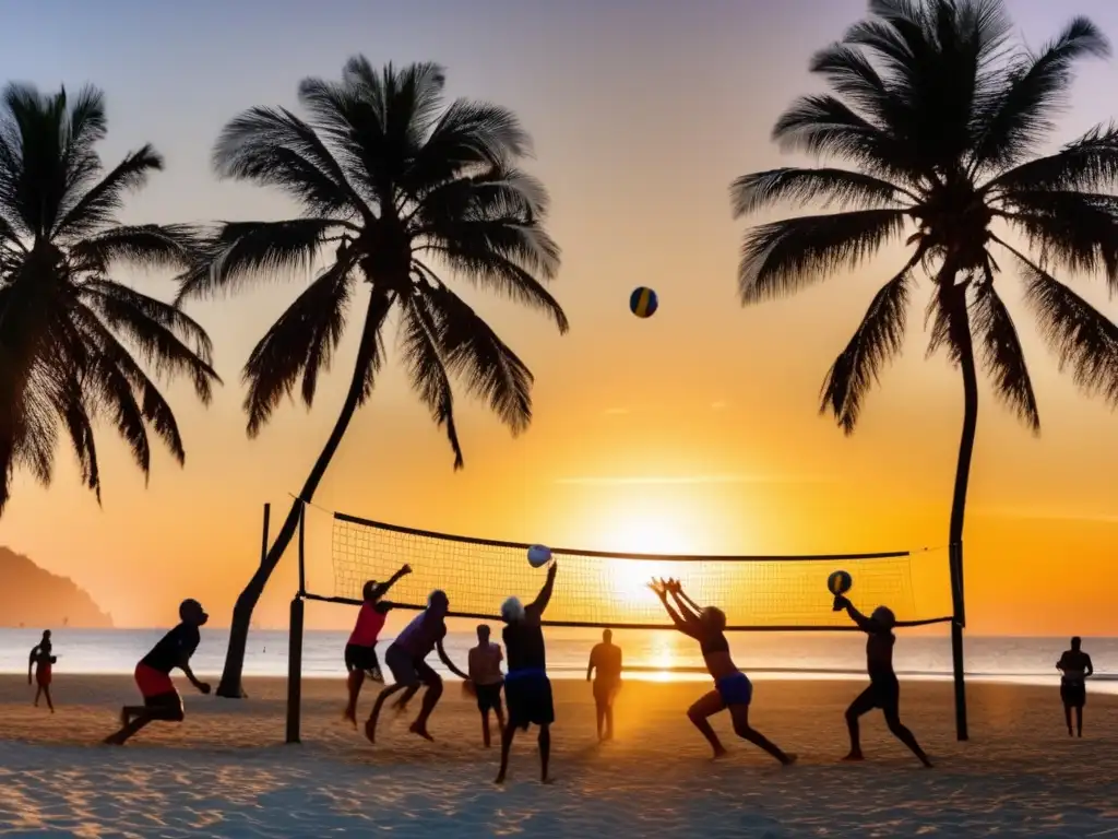 Un grupo de personas mayores disfrutan de un animado juego de voleibol playero al atardecer, exudando vitalidad y alegría. <b>La escena transmite una sensación de camaradería y pura emoción.</b> <b>Actividades físicas para longevidad saludable.