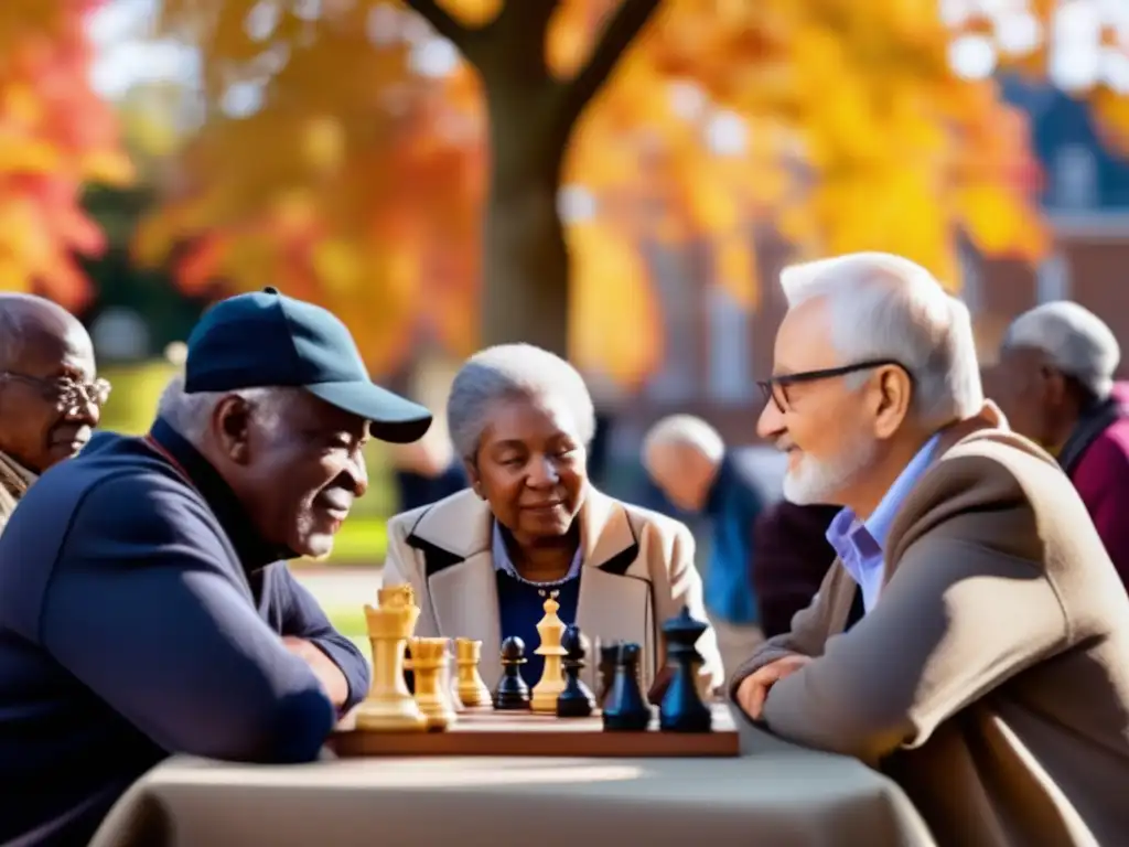 Un grupo de personas mayores disfruta de un animado juego de ajedrez en un parque soleado, concentrados en sus estrategias. <b>Las hojas otoñales crean un ambiente cálido y acogedor.</b> 'Juegos mentales para la longevidad'.