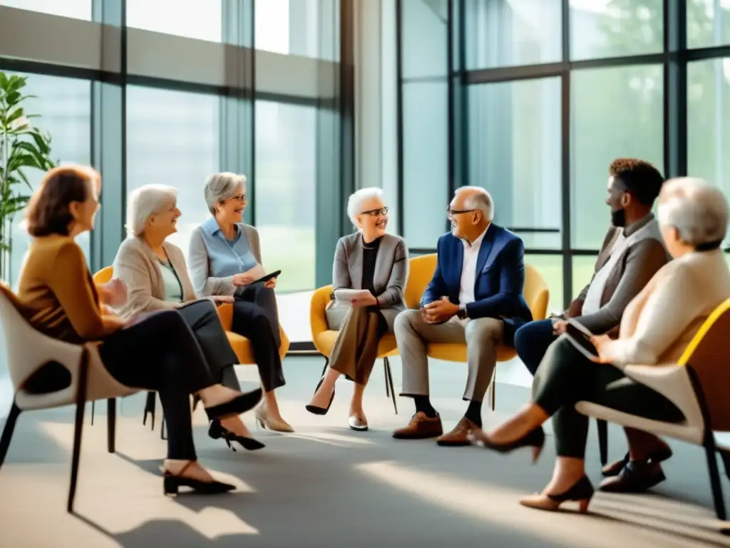 Un grupo de personas mayores participa en un animado coaching para finanzas en la tercera edad. La atmósfera es de colaboración y empoderamiento.