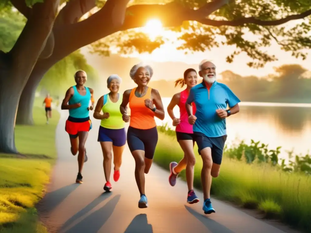 Un grupo de personas mayores corre en un atardecer dorado, reflejando vitalidad y longevidad. <b>Beneficios correr para longevidad humana.