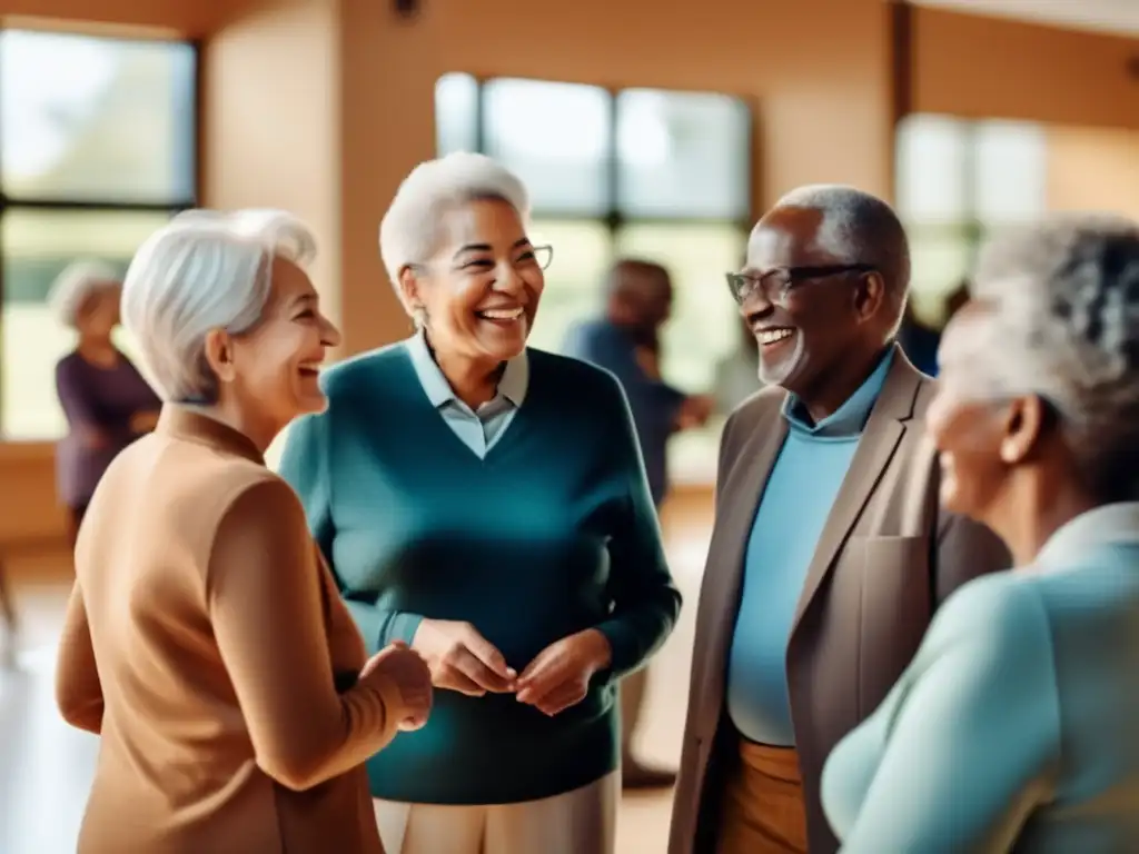 Un grupo de personas mayores diversas conversando y sonriendo en un centro comunitario moderno y luminoso. Refleja conexión, vitalidad y compromiso social, destacando las consideraciones éticas y sociales positivas de las vacunas antiedad en la promoción de una longevidad saludable y plena. El ambiente contemporáneo