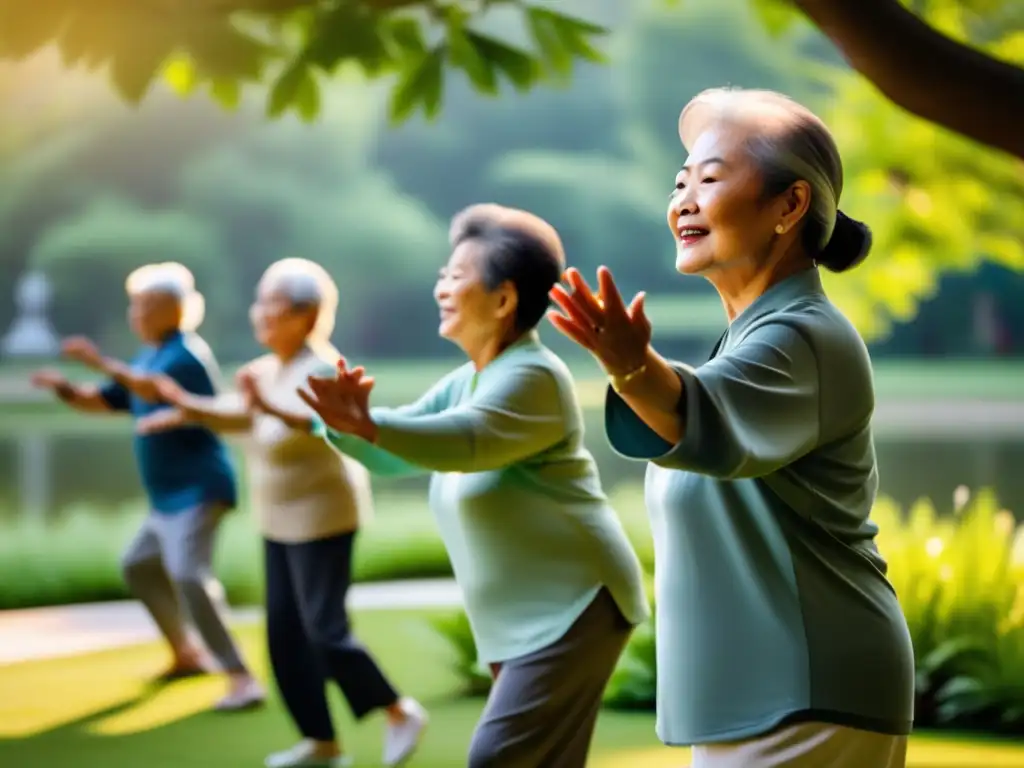 Un grupo de personas mayores practicando tai chi en un parque público, rodeados de naturaleza, sol y paz. <b>Fomentar movilidad en vejez.