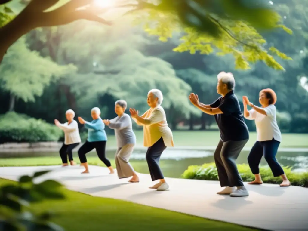 Un grupo de personas mayores participa en una clase de tai chi en un parque sereno, rodeado de exuberante vegetación y un estanque tranquilo. La luz matutina se filtra a través de los árboles, iluminando cálidamente al grupo mientras se mueven con gracia. Cada persona irrad