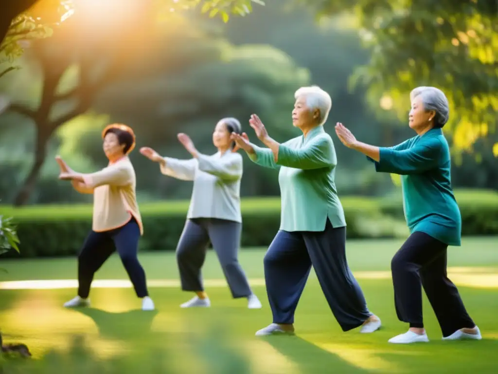 Un grupo de personas mayores participa en una clase de Tai Chi en un jardín sereno al amanecer, irradiando tranquilidad y salud.