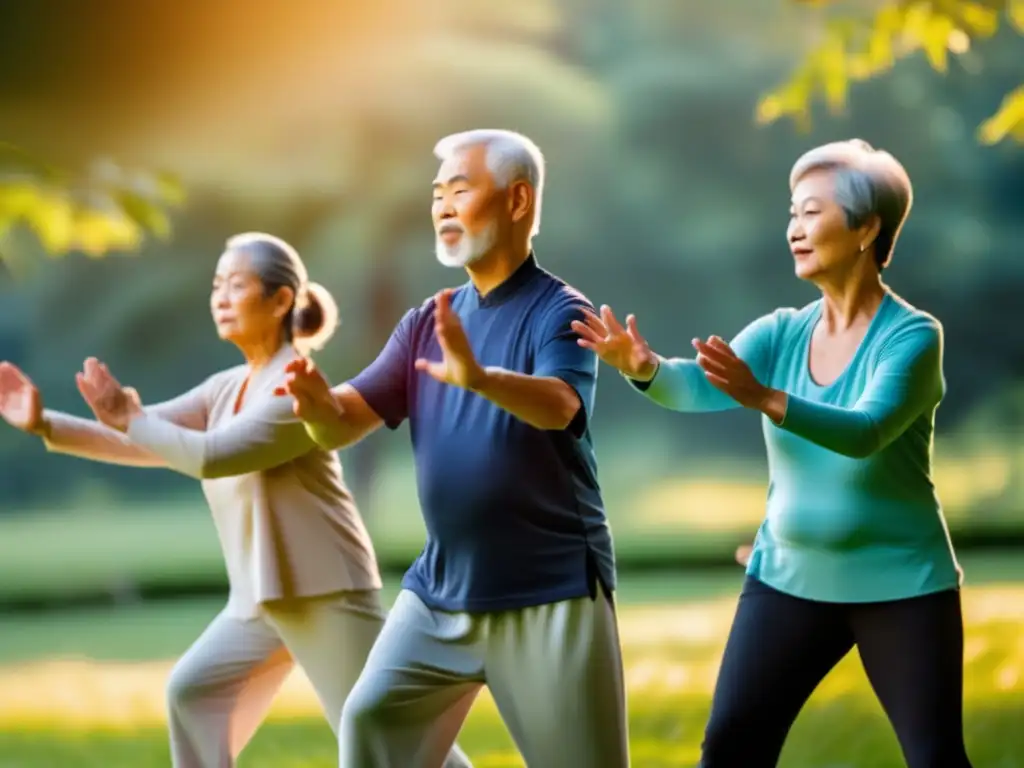 Un grupo de personas mayores participa en una clase de tai chi al aire libre, bajo la cálida luz matutina. Los movimientos fluidos transmiten calma y atención plena, mientras el ejercicio físico fortalece la inmunidad en la edad.