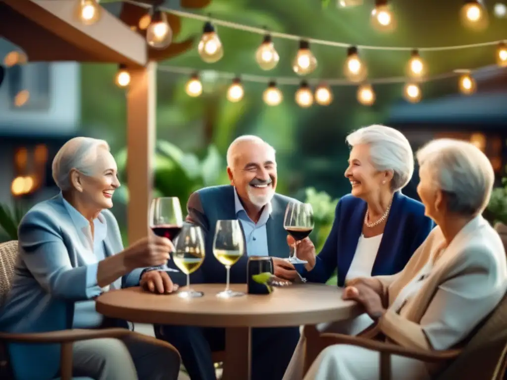 Un grupo de personas mayores disfruta de una copa de vino en un elegante patio al aire libre, rodeado de exuberante vegetación y cálida iluminación. La atmósfera irradia sofisticación relajada, con un enfoque en la auténtica camaradería y la satisfacción compartida.