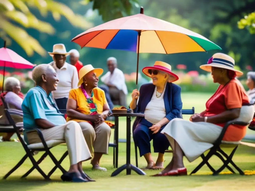 Un grupo de personas mayores de diversas culturas disfruta de una animada conversación en un parque rodeado de flores y vegetación exuberante. La luz del sol crea un ambiente cálido y acogedor, mientras que una variedad de sombrillas y sombreros coloridos añaden un toque festivo a la reunión. La