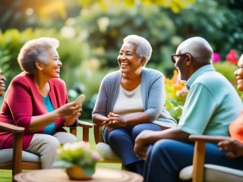 Un grupo de personas mayores diversas disfrutan de una animada conversación en un hermoso jardín. <b>El cálido sol resalta su felicidad y conexión, representando el envejecimiento activo y ética del cuidado.