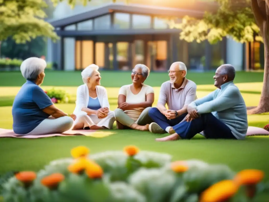 Un grupo de personas mayores diversas se sienta en círculo en un jardín verde exuberante, rodeado de flores vibrantes y árboles altos. El sol proyecta un cálido brillo dorado en la escena, y las expresiones en los rostros de los ancianos reflejan content