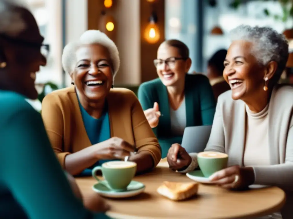 Un grupo de personas mayores diversas se reúne en un acogedor café, compartiendo risas y conversaciones animadas, mostrando el impacto positivo del coaching para mejorar relaciones sociales en vejez.