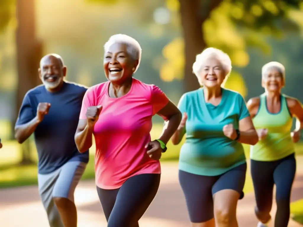 Un grupo de personas mayores realiza ejercicios al aire libre con estrategias de coaching para una tercera edad activa en un parque pintoresco, irradiando vitalidad y camaradería.