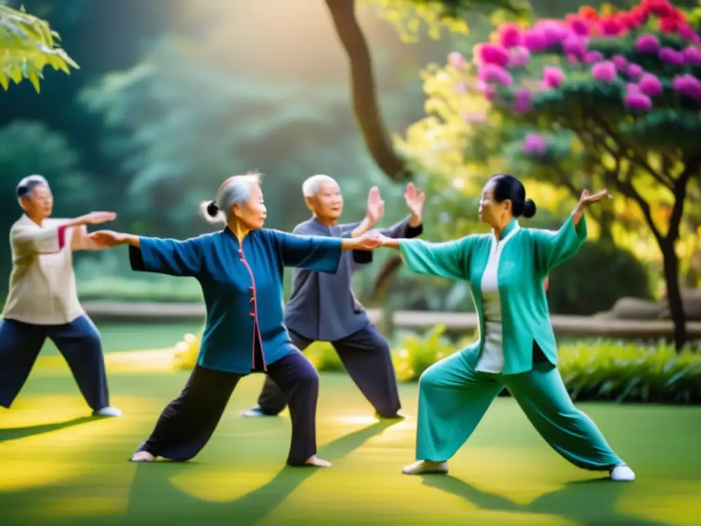 Un grupo de personas mayores practica tai chi en un jardín exuberante, rodeado de flores vibrantes y árboles majestuosos. <b>La luz del sol proyecta un cálido resplandor en la escena, creando una atmósfera pacífica y tranquila.</b> Los participantes visten trajes