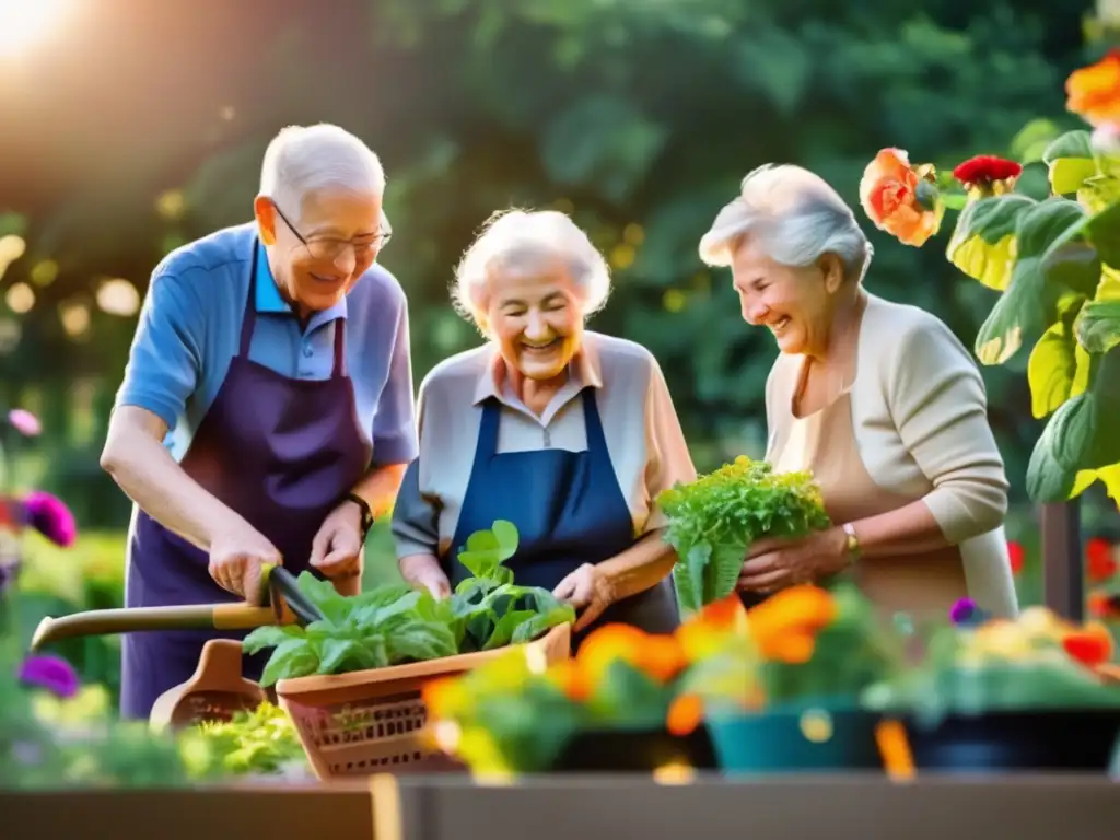 Un grupo de personas mayores disfruta de la jardinería comunitaria, rodeados de flores y vegetales vibrantes bajo el cálido sol. <b>La imagen transmite camaradería, vitalidad y la belleza de la naturaleza, entrelazada con la sabiduría y la experiencia de los voluntarios mayores.</b> Voluntariado