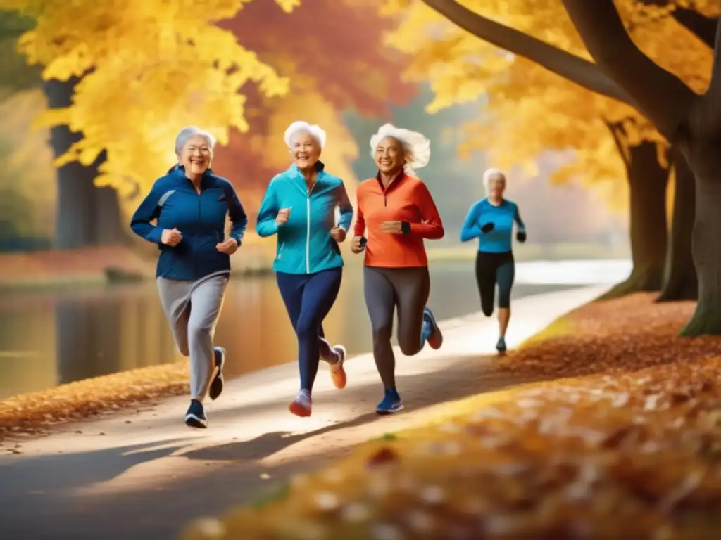 Un grupo de personas mayores corriendo junto al río en otoño, reflejando vitalidad y fuerza. <b>Beneficios correr para longevidad humana.