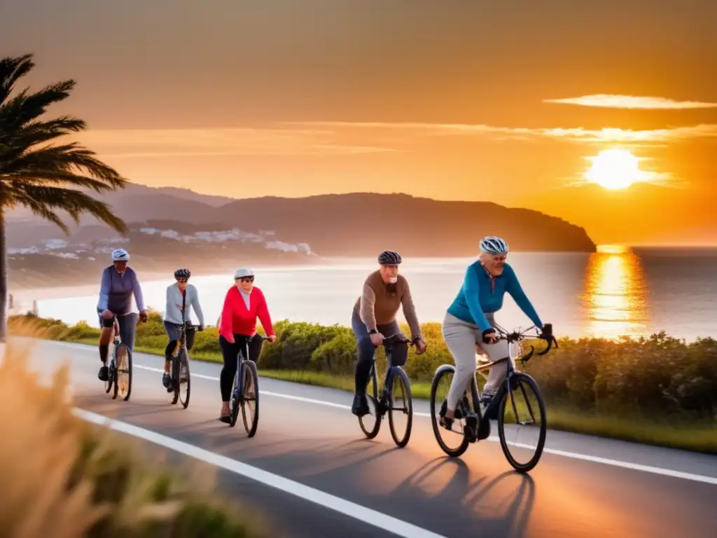 Un grupo de personas mayores disfruta de un paseo en bicicleta junto al mar al atardecer, transmitiendo vitalidad y alegría. Beneficios del ciclismo para longevidad