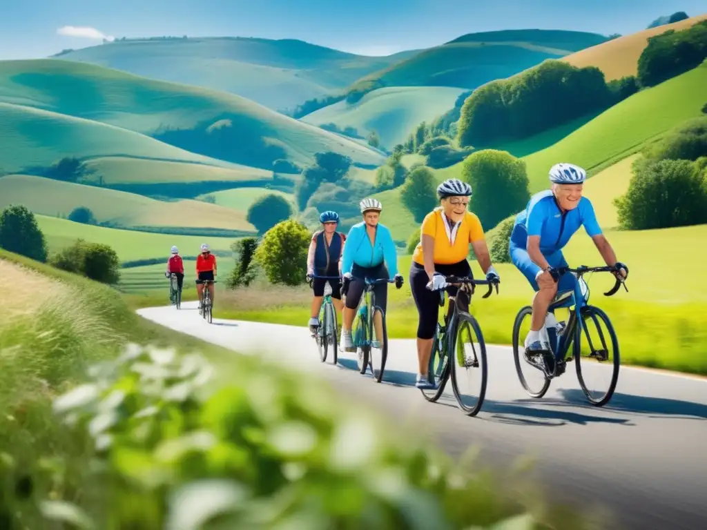 Un grupo de personas mayores disfruta de un paseo en bicicleta por el campo, mostrando los beneficios del ciclismo para longevidad.