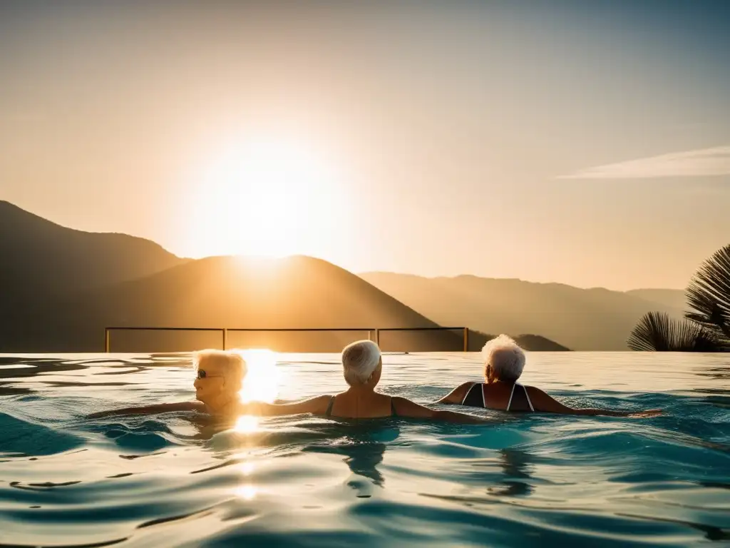 Un grupo de personas mayores nada con determinación en una piscina olímpica, rodeados de un paisaje sereno. <b>Beneficios natación para longevidad.