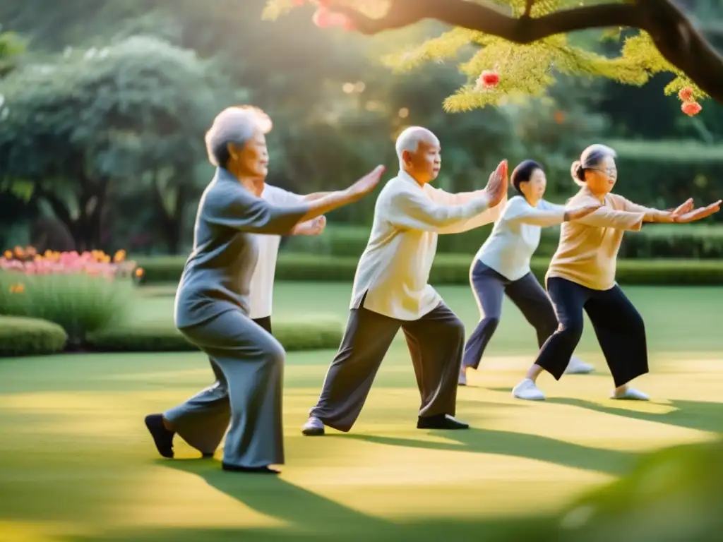 Un grupo de personas mayores practica tai chi en un jardín sereno, bañado por la cálida luz matutina. La exuberante vegetación y las flores vibrantes brindan un telón de fondo pacífico mientras los adultos mayores se mueven con gracia, irradiando vitalidad y bienestar. La imagen capt