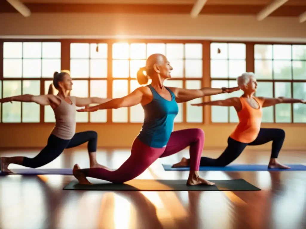 Un grupo de personas mayores disfruta de una sesión de yoga en un estudio iluminado por el sol, vistiendo ropa deportiva vibrante y realizando posturas graciosas. <b>El instructor muestra una postura desafiante con gracia, creando una atmósfera de fuerza y vitalidad.</b> El estudio moderno y minimalista ofrece