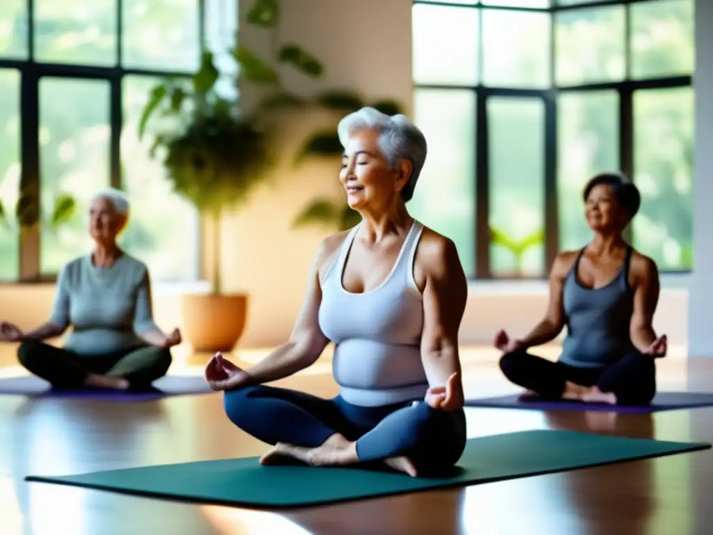 Un grupo de personas mayores participando en una sesión de yoga en un estudio moderno y soleado, rodeado de vegetación exuberante. La atmósfera serena y rejuvenecedora enfatiza la longevidad y el bienestar.