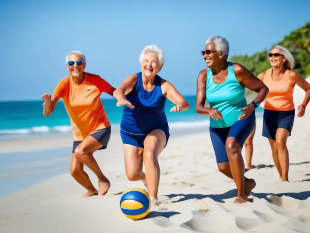 Un grupo de personas mayores sonrientes juegan voleibol en la playa, disfrutando de actividades físicas para longevidad saludable.