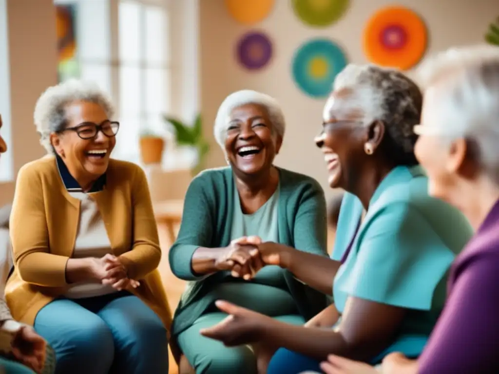 'Grupo de personas mayores participando en terapia de risa, irradiando alegría y camaradería. <b>Beneficios neurológicos de la risa longevidad.'