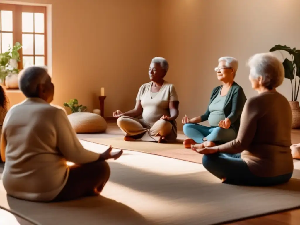 Un grupo de personas mayores medita con tranquilidad en una sala iluminada, promoviendo la importancia de la espiritualidad en el envejecimiento.