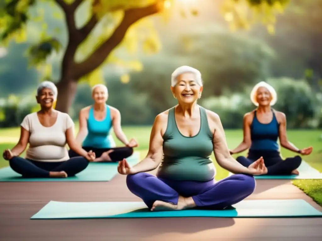 Un grupo de personas mayores disfruta de una vibrante sesión de yoga al aire libre, rodeado de exuberante vegetación y bañado por el cálido resplandor del sol. Cada individuo irradia vitalidad y fuerza, con movimientos fluidos y elegantes mientras practican varias posturas de yoga. La imagen captura