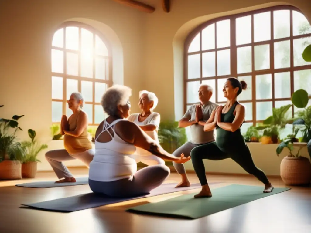 Un grupo de personas mayores practica yoga en un estudio luminoso y tranquilo, reflejando vitalidad y paz. <b>Adaptando sistemas de retiro longevidad.