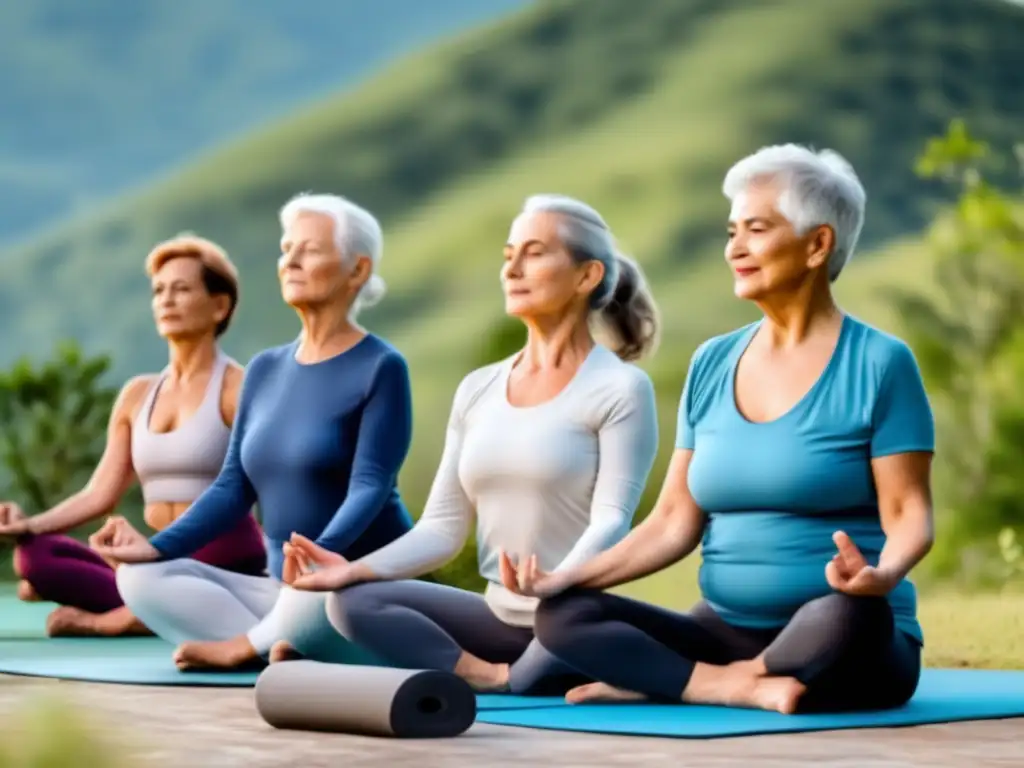 Un grupo de personas mayores practicando yoga en la cima de una montaña serena, rodeados de exuberante vegetación y un cielo azul claro. Utilizan accesorios de yoga para longevidad, transmitiendo vitalidad y longevidad a través de la práctica.